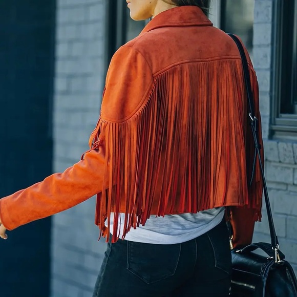 Orange Boho Tassel faux suede women fringe jacket long sleeve jacket - Picture 6 of 11